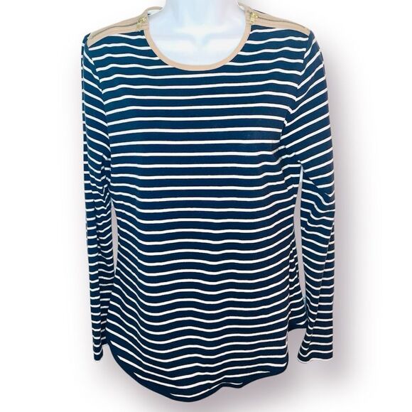 Nautica Striped Womens Long Sleeve Top Zipper Shoulders Tan Trim Navy White M - Picture 1 of 10